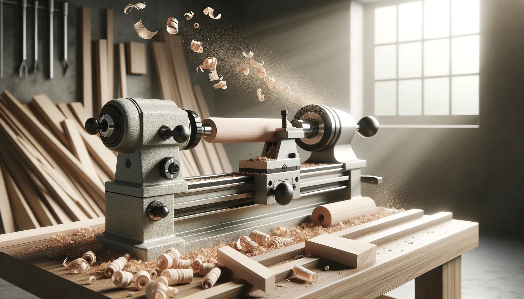 A close view of a wood lathe shows a smooth spindle being shaped while curled shavings lift into the light. Stacked boards and a bright window in the background frame the workshop setting.