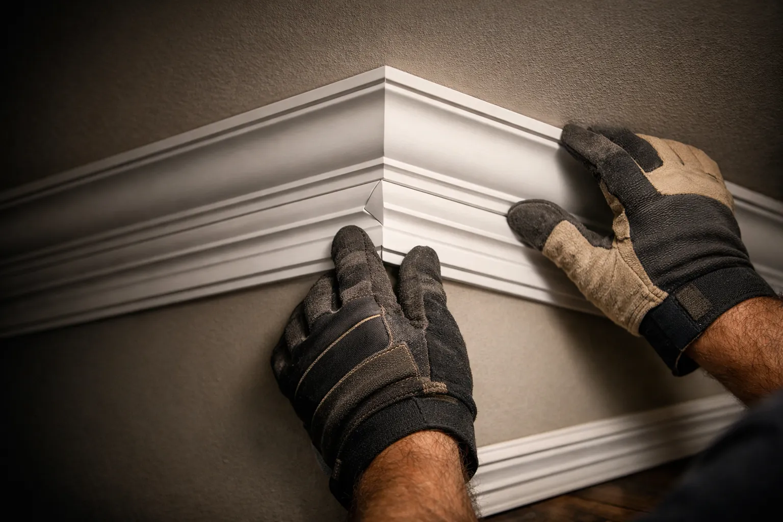 Close up of gloved hands aligning white crown molding at an inside wall corner during finish carpentry work. The tight miter joint and layered trim profile highlight careful installation and precise detail.