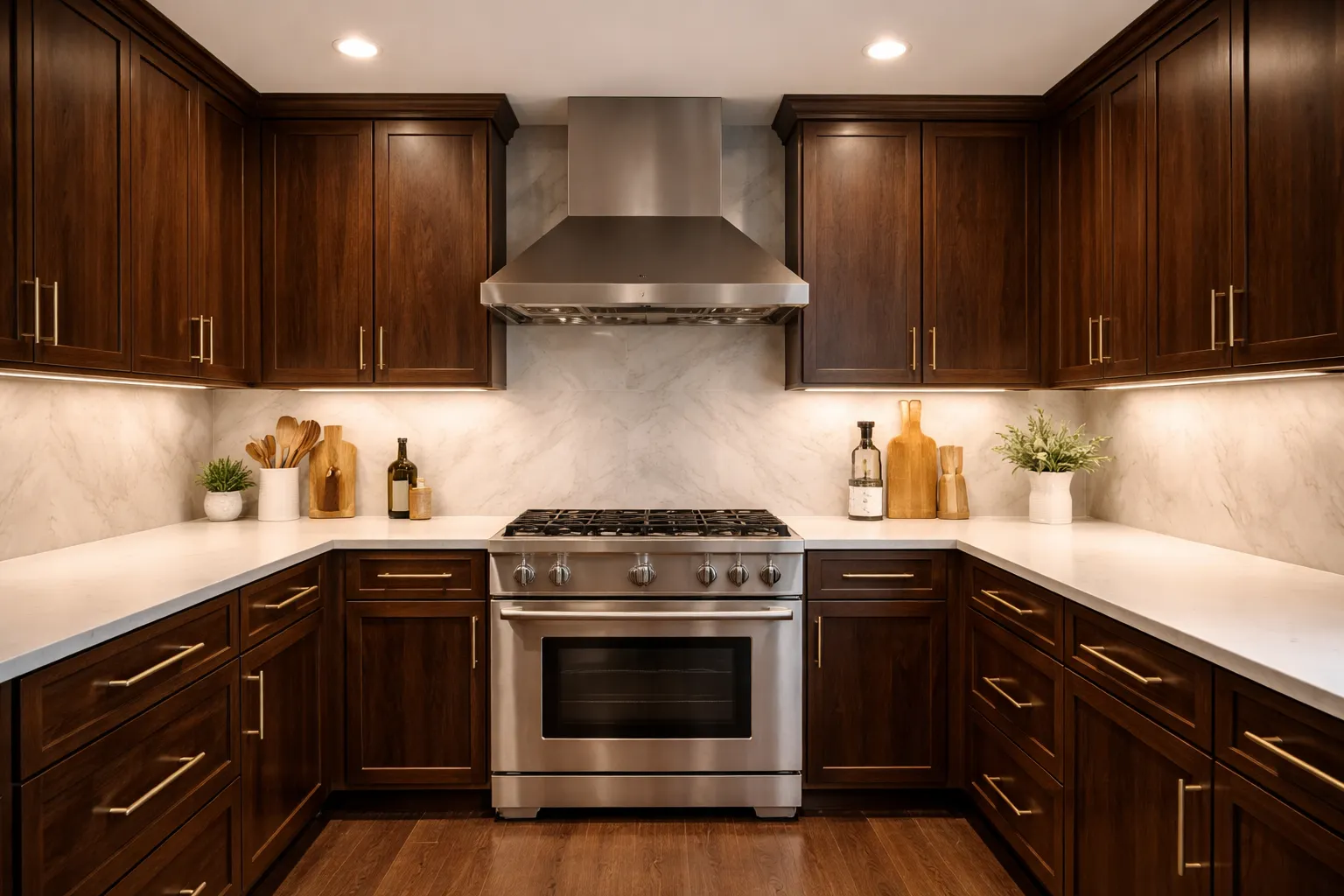Kitchen with dark wood cabinets, white countertops, marble look backsplash, and a stainless steel range centered beneath a large hood. The fitted cabinetry and clean lines highlight high end finish carpentry work.