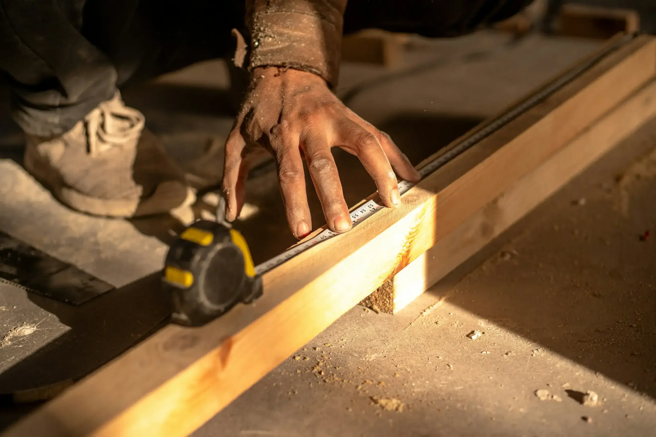 Close up of a carpenter measuring and marking a wood beam on a dusty jobsite floor during finish carpentry work. A tape measure, framing square, and hand tools surround the board in warm workshop light.