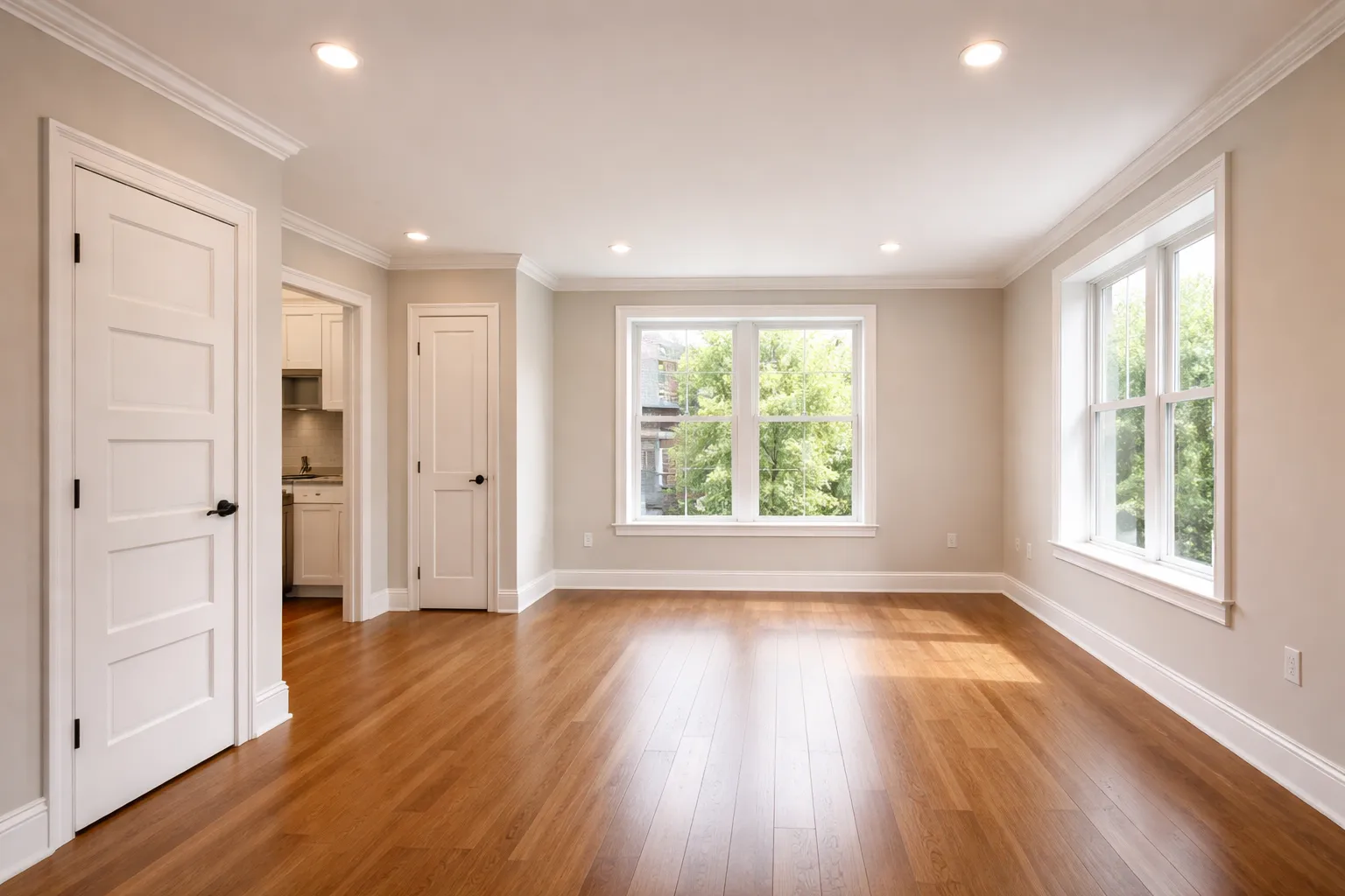 Bright finished room with light gray walls, white trim, recessed ceiling lights, and polished hardwood floors. Large windows bring in natural light and highlight the clean details of the finish carpentry work.