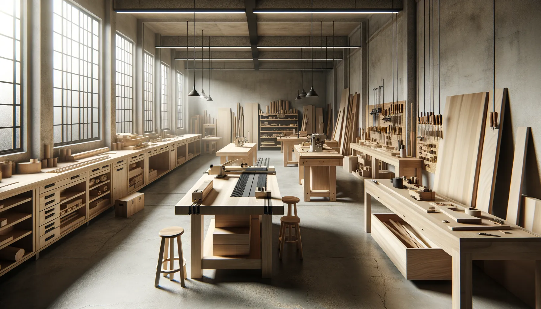 A spacious woodworking shop stretches across the frame with long workbenches tall windows hanging lights and neatly stored boards and tools. Sunlight pours through the windows and highlights the clean organized layout of the studio.