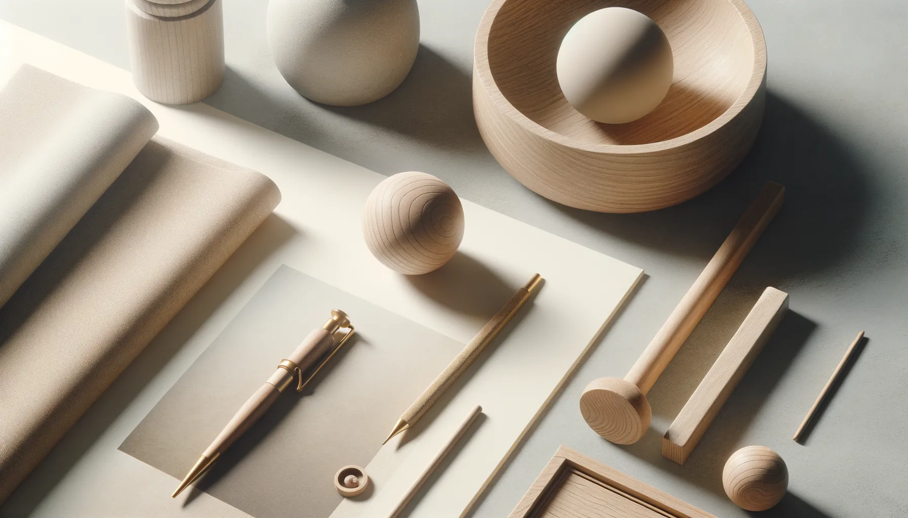 Wooden spheres bowls and tools are arranged with fabric paper and pens in a carefully styled flat lay. The soft light and neutral materials give the composition a refined minimalist design feel.