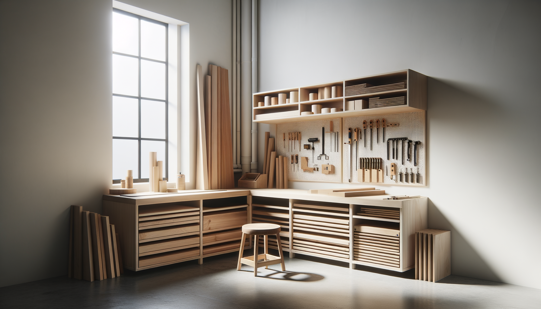 Sunlight fills a clean woodworking studio with pale wood cabinets, stacked boards, and a pegboard wall neatly arranged with hand tools. A small round stool sits in the center of the workspace, and the bright window beside the bench gives the room a calm, minimalist feel.