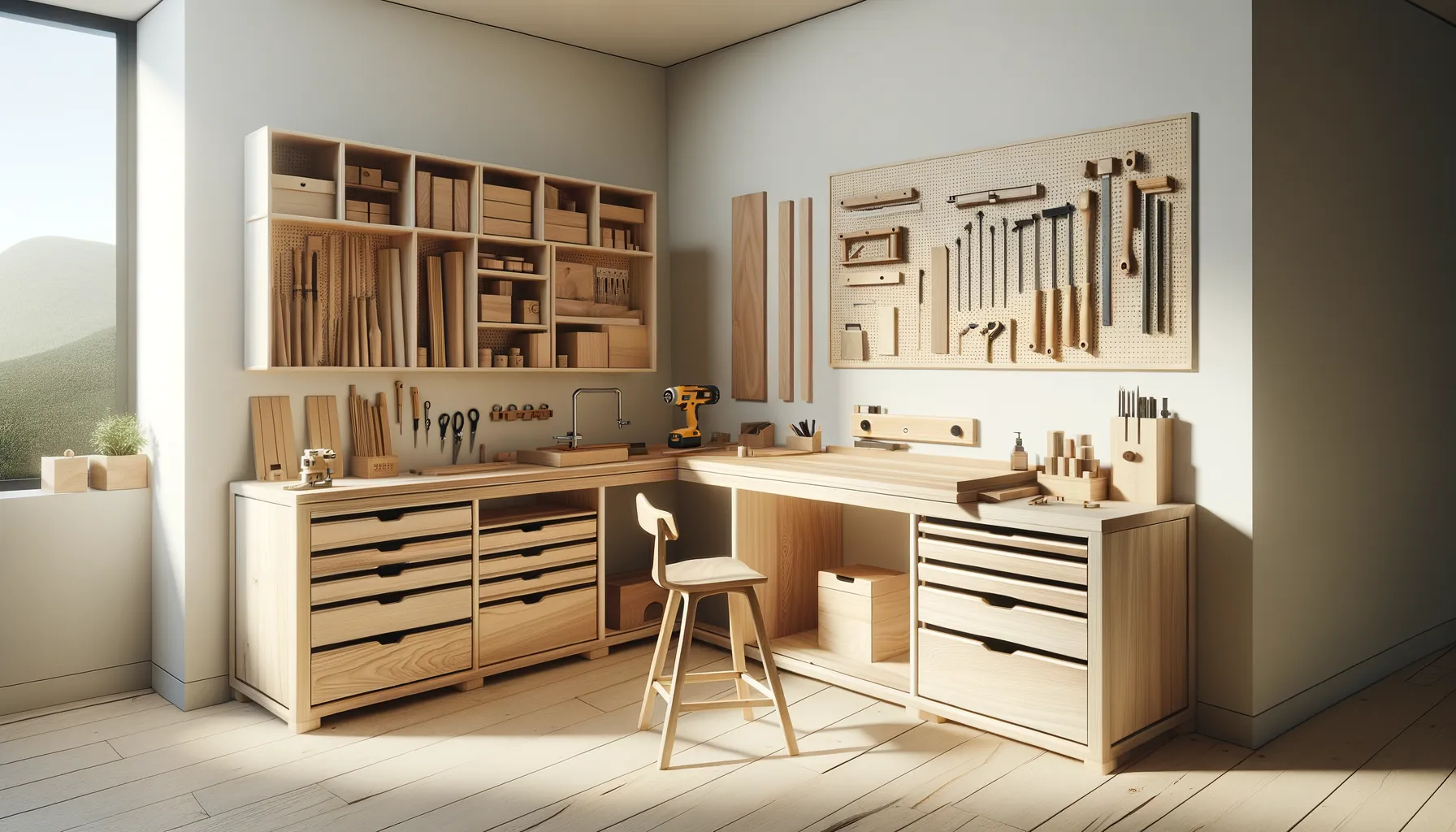 A bright corner woodworking station features pale wood drawers open shelving a pegboard of tools and a chair tucked under the bench. A drill and measuring tools sit ready on the countertop in a tidy compact workspace.