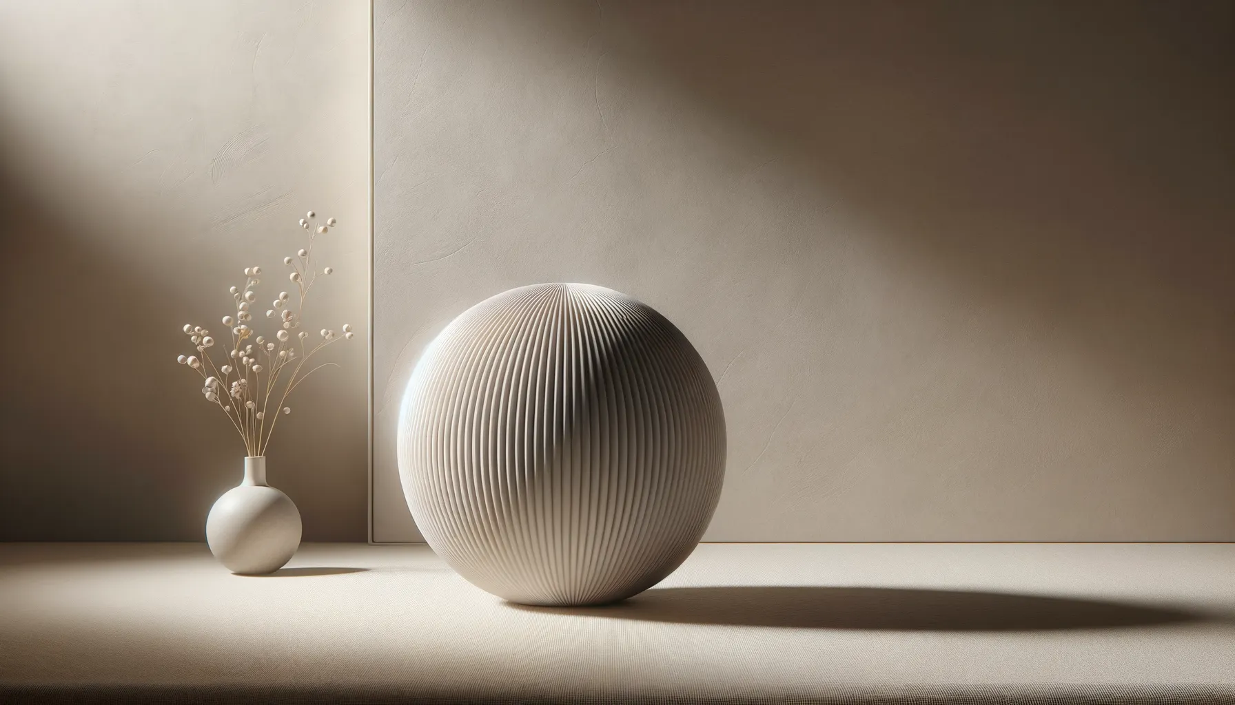 A ribbed spherical object sits on a neutral surface beside a small white vase with delicate dried stems. Soft angled light and beige tones give the scene a calm minimalist still life feel.