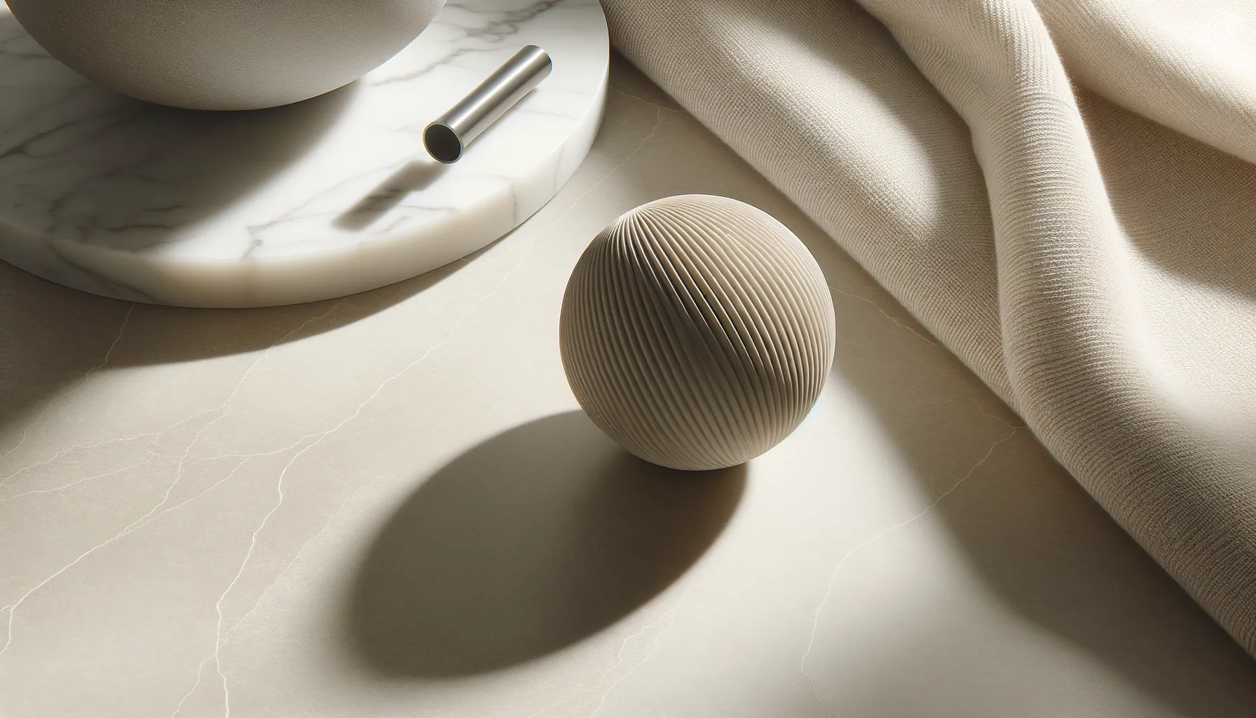 A small ribbed sphere rests on a smooth stone surface beside folded fabric and a round marble tray. Strong natural light creates a large shadow that emphasizes the object’s shape and texture.