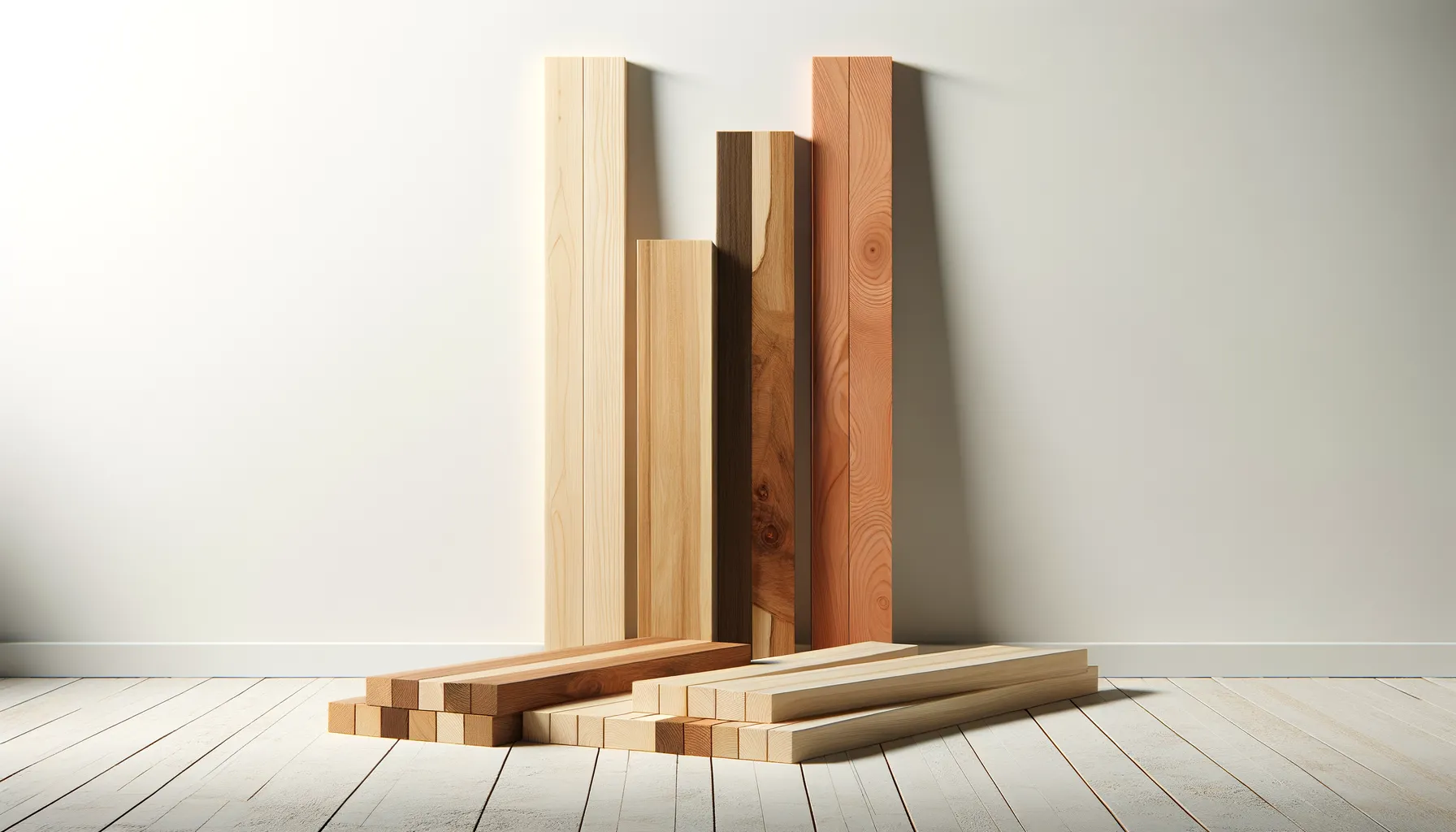 Several cut wood boards in pale cream honey brown and reddish tones lean against a wall while matching pieces lie stacked on a light wood floor. The different grain patterns and colors make the wood species easy to compare.
