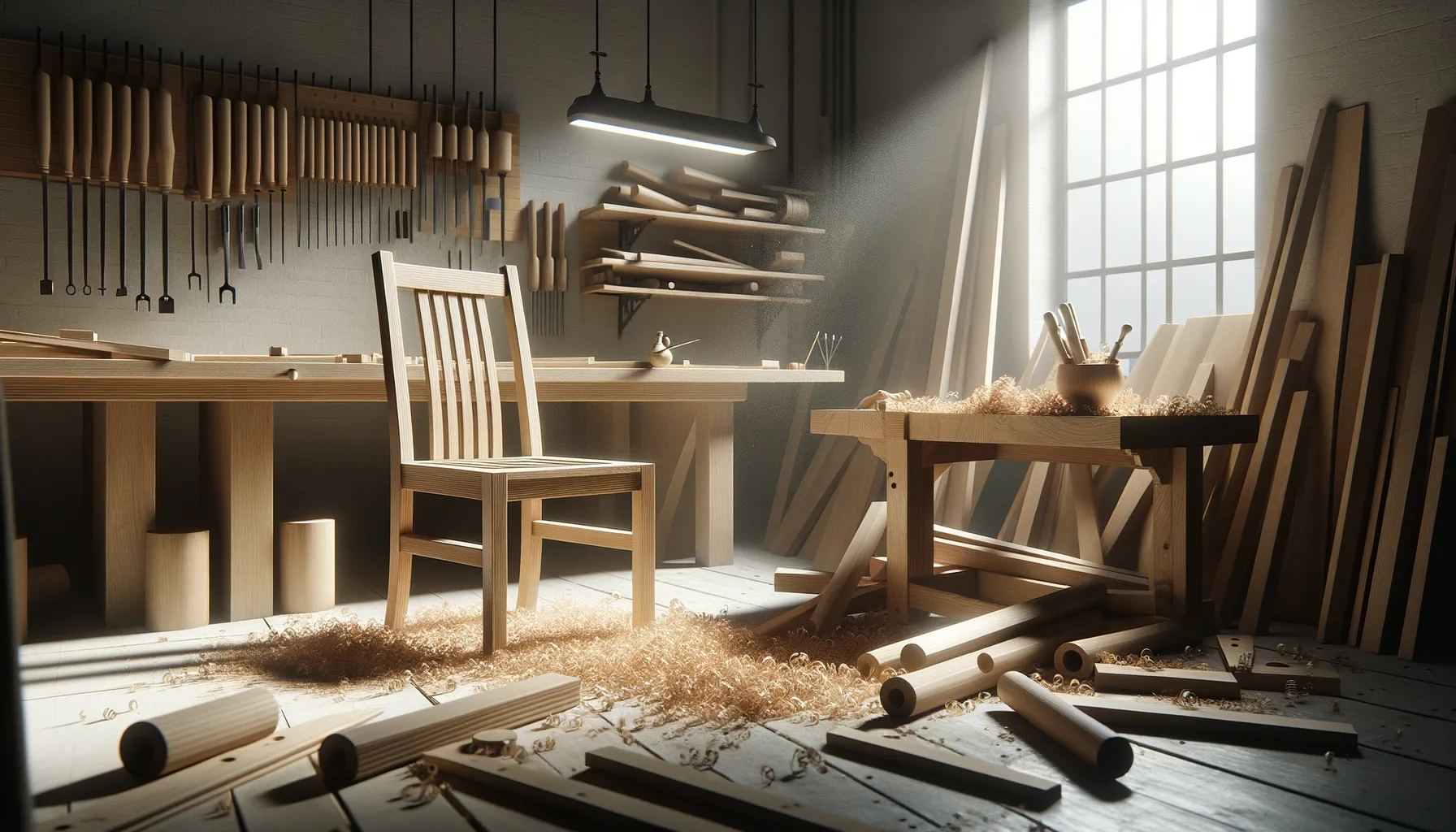 A simple wooden chair stands between two worktables in a sunlit woodworking studio. Hand tools boards and curls of wood shavings fill the room and make it feel active and handcrafted.