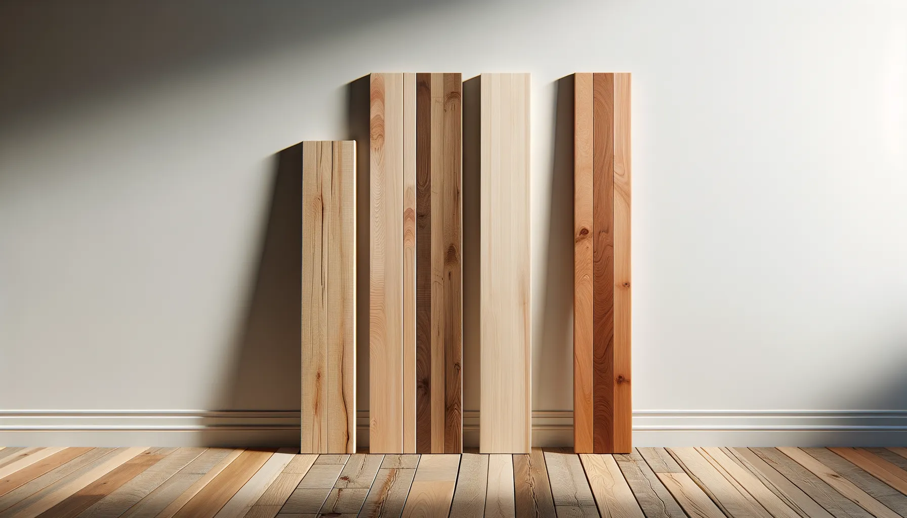 Four tall wood boards in different tones lean upright against a pale wall above a striped wood floor. Their varied grain and color show a clean side by side comparison of lumber options.