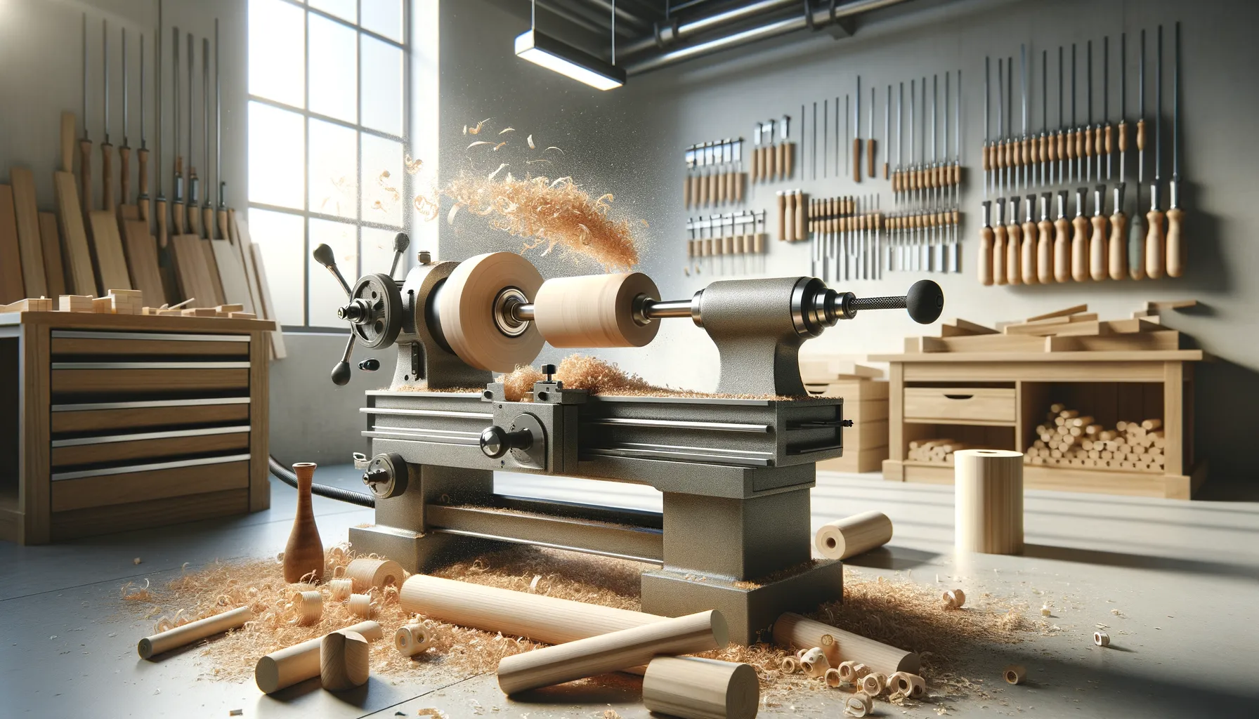 A wood lathe spins a cylindrical piece of wood while fresh shavings fly through the air. Chisels line the wall behind the machine and loose sawdust covers the floor and work area.