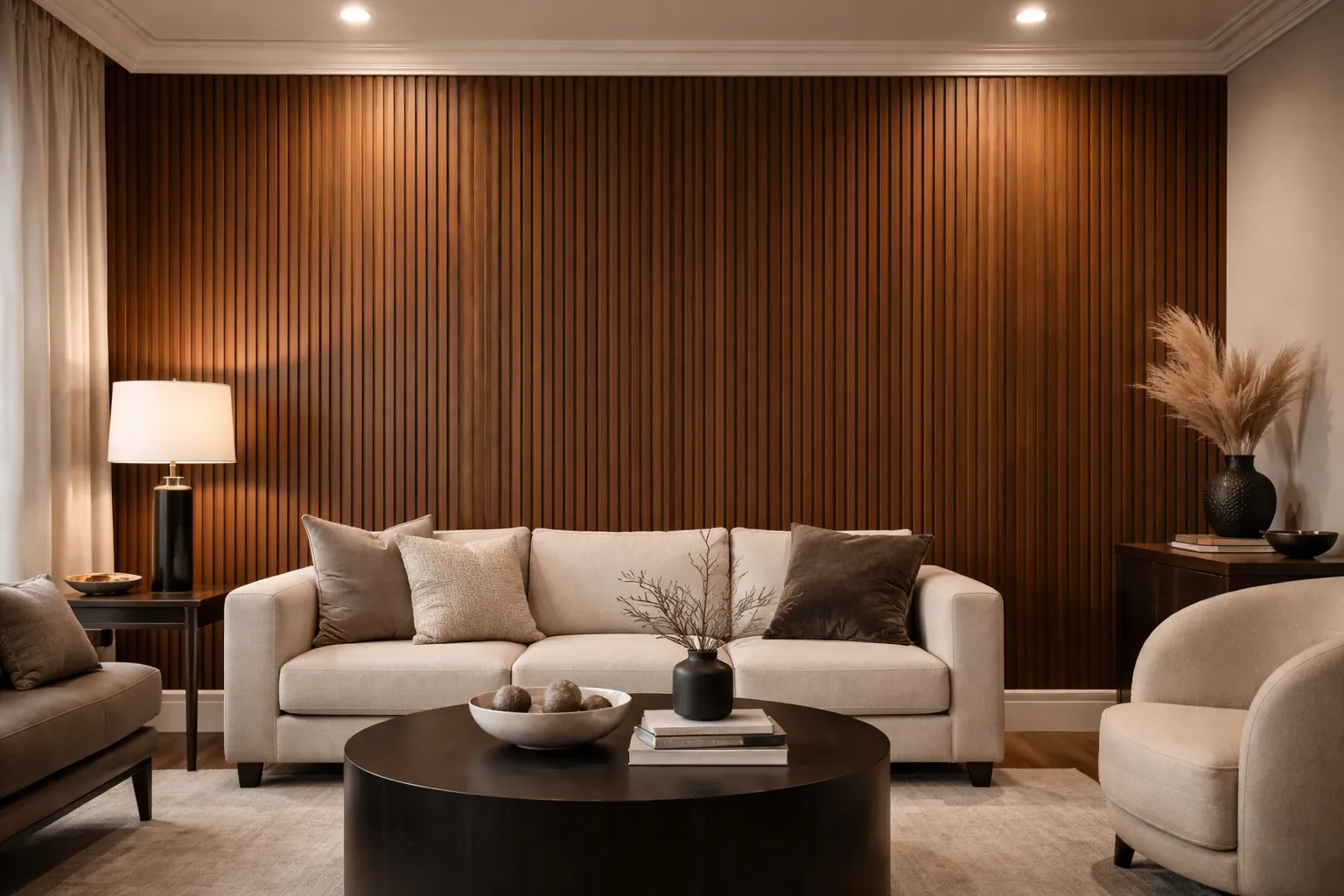 Modern living room with a white sofa, round dark coffee table, and a full wood slat accent wall behind the seating area. The custom wall treatment adds warmth and texture through detailed finish carpentry work.
